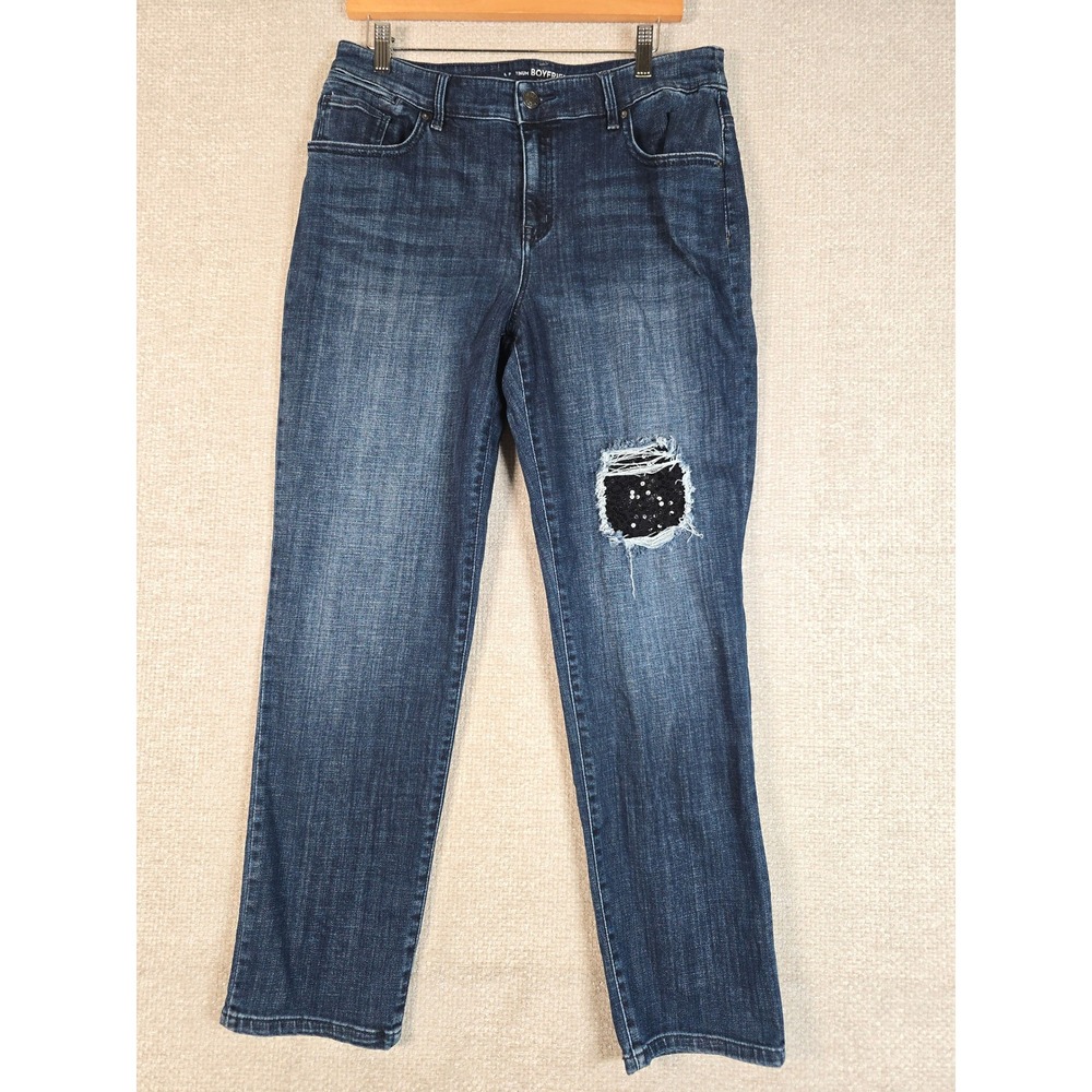 Chico's Platinum Boyfriend Jeans Womens 32x29 Dark Wash Sequin Patch Distressed
